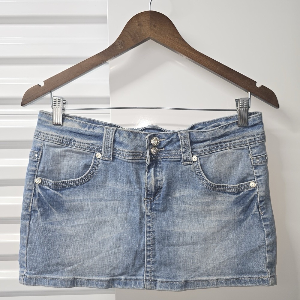 Y2K Get Together USA Denim Mini Skirt Womens M Rhinestone Wings Low Rise